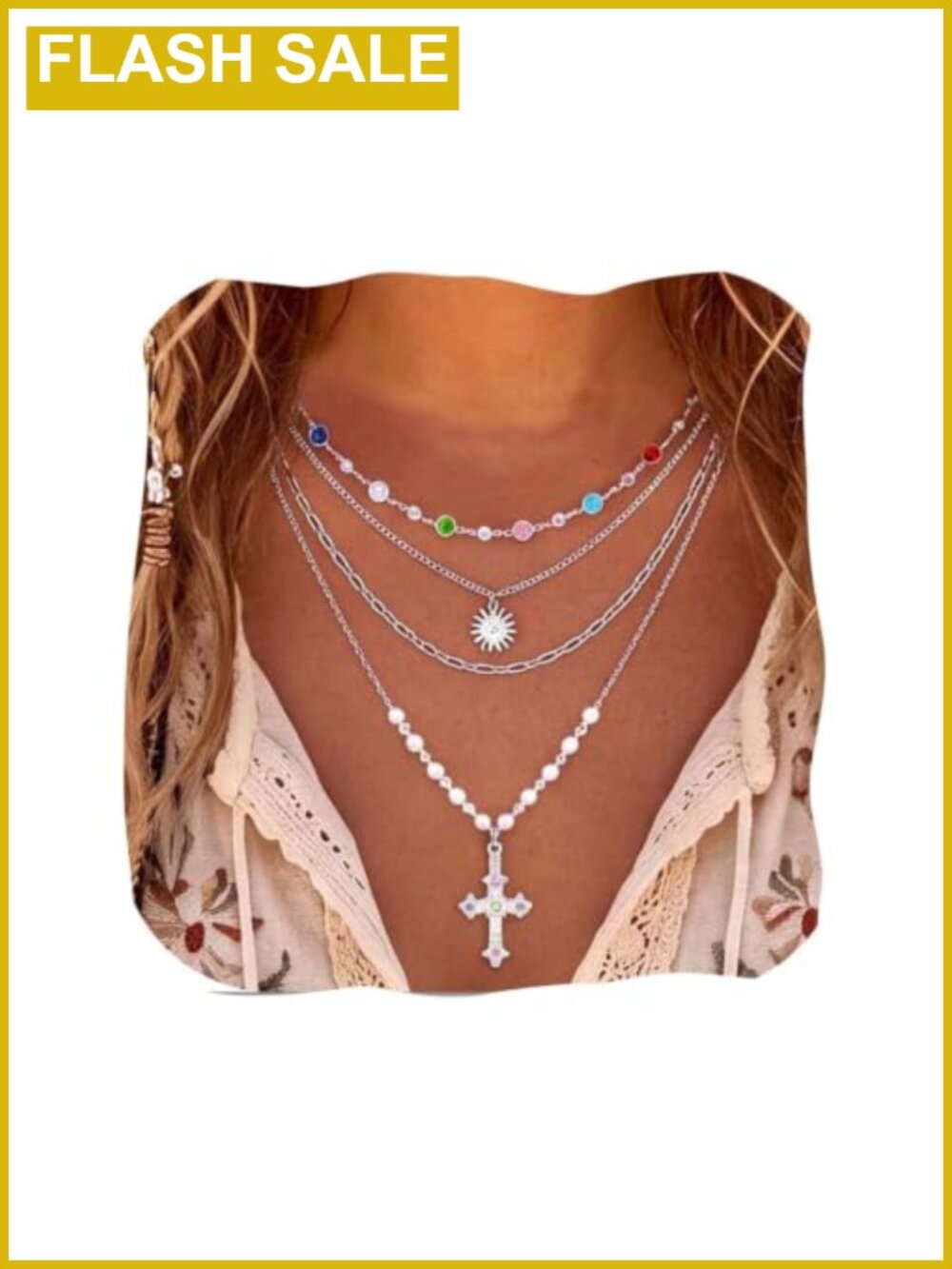 Layered Boho Necklace Silver Alloy Faux Pearls Rhinestones